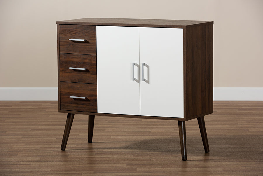 Baxton Studio Leena Mid-Century Modern Two-Tone White and Walnut Brown Finished Wood 3-Drawer Sideboard Buffet