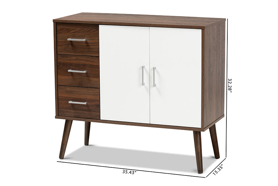 Baxton Studio Leena Mid-Century Modern Two-Tone White and Walnut Brown Finished Wood 3-Drawer Sideboard Buffet