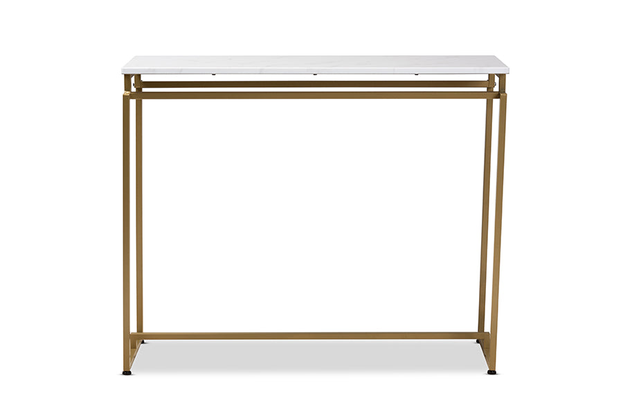 Baxton Studio Renzo Modern and Contemporary Brushed Gold Finished Metal Console Table with Faux Marble Tabletop