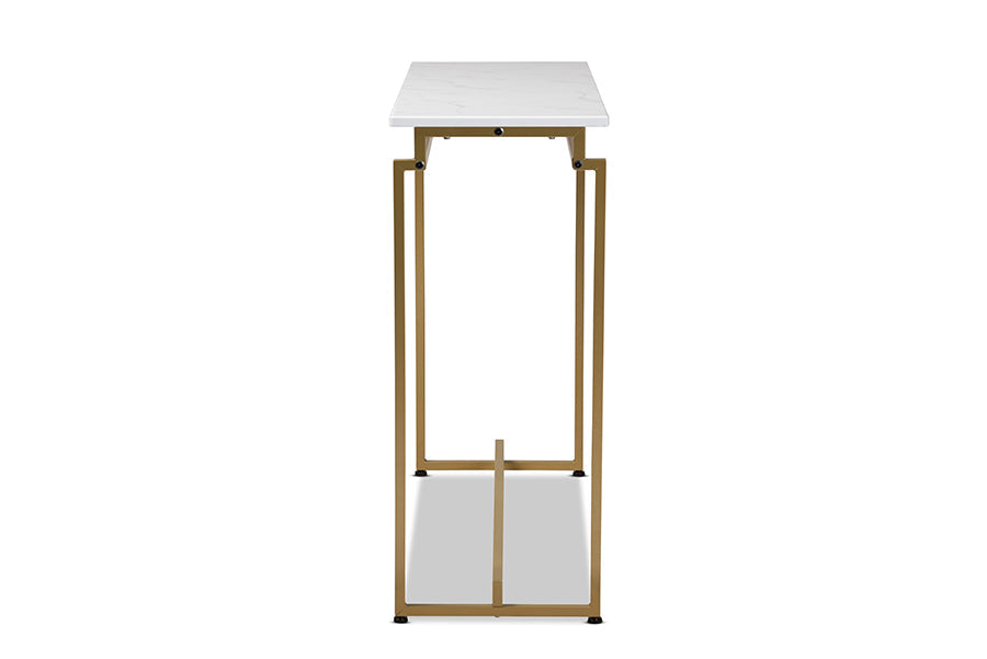 Baxton Studio Renzo Modern and Contemporary Brushed Gold Finished Metal Console Table with Faux Marble Tabletop