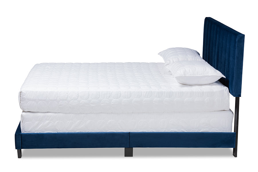 Baxton Studio Clare Glam and Luxe Navy Blue Velvet Fabric Upholstered Queen Size Panel Bed with Channel Tufted Headboard