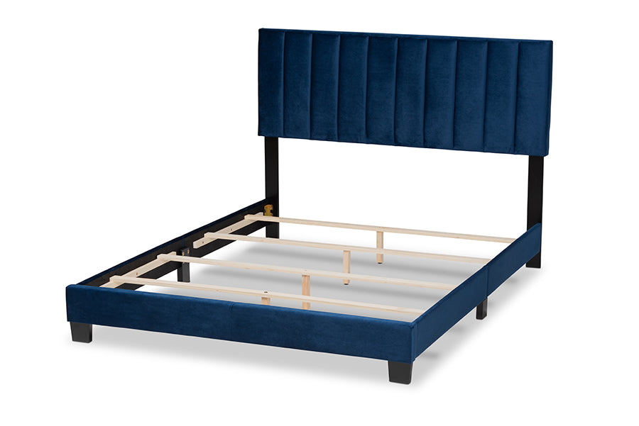 Baxton Studio Clare Glam and Luxe Navy Blue Velvet Fabric Upholstered Queen Size Panel Bed with Channel Tufted Headboard