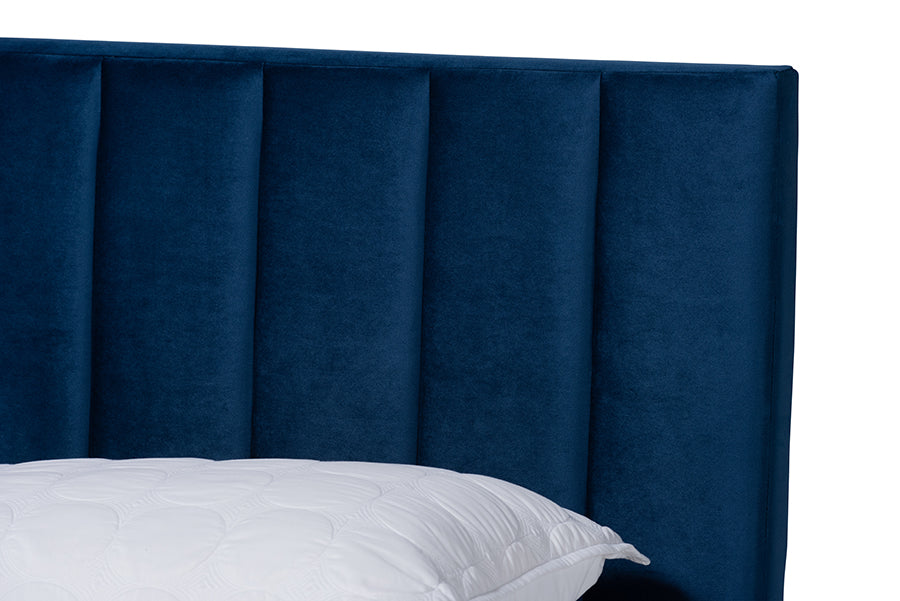 Baxton Studio Clare Glam and Luxe Navy Blue Velvet Fabric Upholstered Queen Size Panel Bed with Channel Tufted Headboard