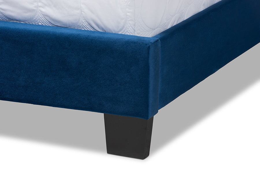 Baxton Studio Clare Glam and Luxe Navy Blue Velvet Fabric Upholstered Queen Size Panel Bed with Channel Tufted Headboard