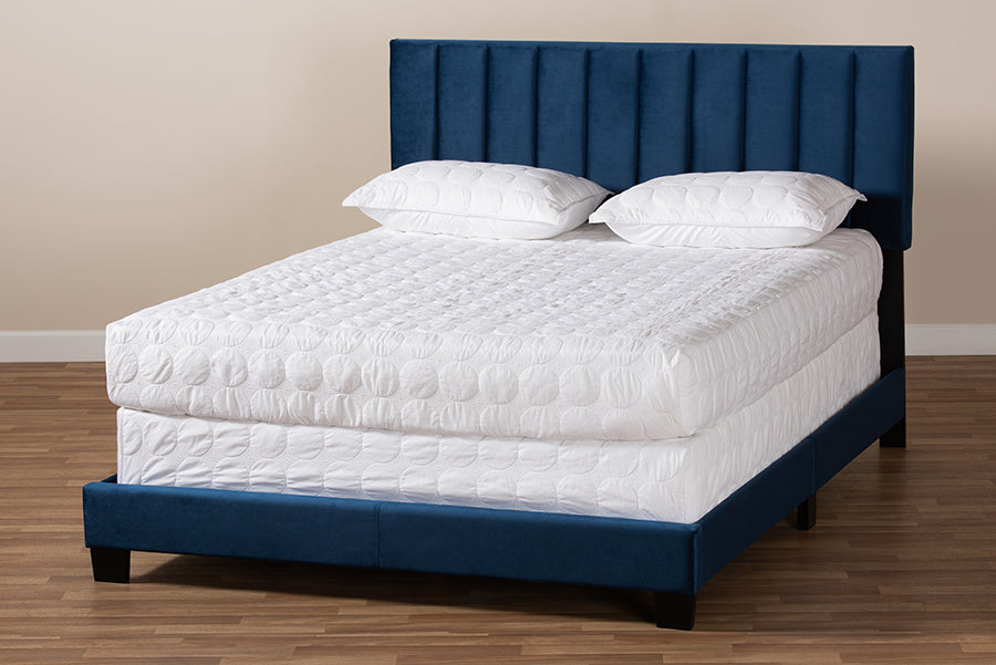 Baxton Studio Clare Glam and Luxe Navy Blue Velvet Fabric Upholstered Queen Size Panel Bed with Channel Tufted Headboard