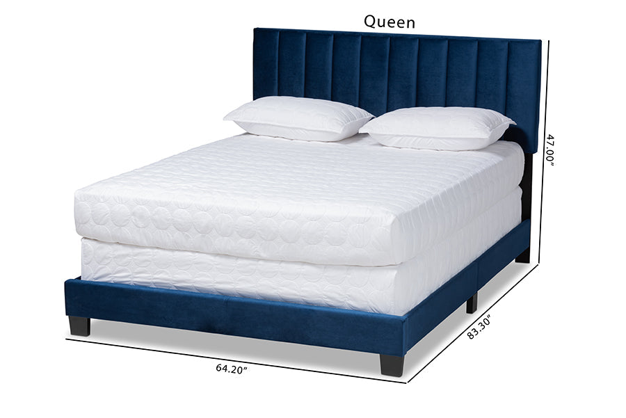 Baxton Studio Clare Glam and Luxe Navy Blue Velvet Fabric Upholstered Queen Size Panel Bed with Channel Tufted Headboard