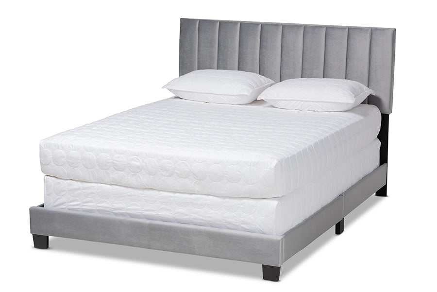 Baxton Studio Clare Glam and Luxe Grey Velvet Fabric Upholstered Queen Size Panel Bed with Channel Tufted Headboard