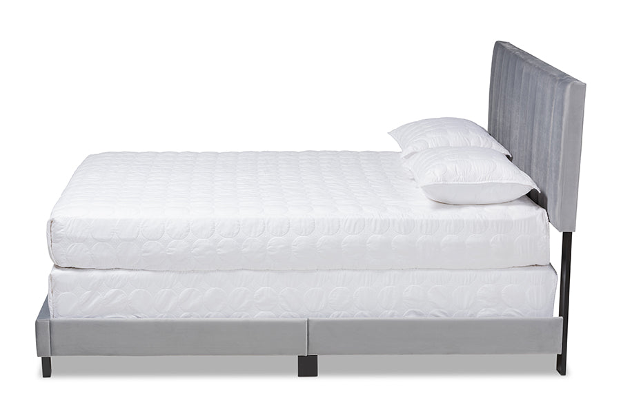 Baxton Studio Clare Glam and Luxe Grey Velvet Fabric Upholstered Queen Size Panel Bed with Channel Tufted Headboard