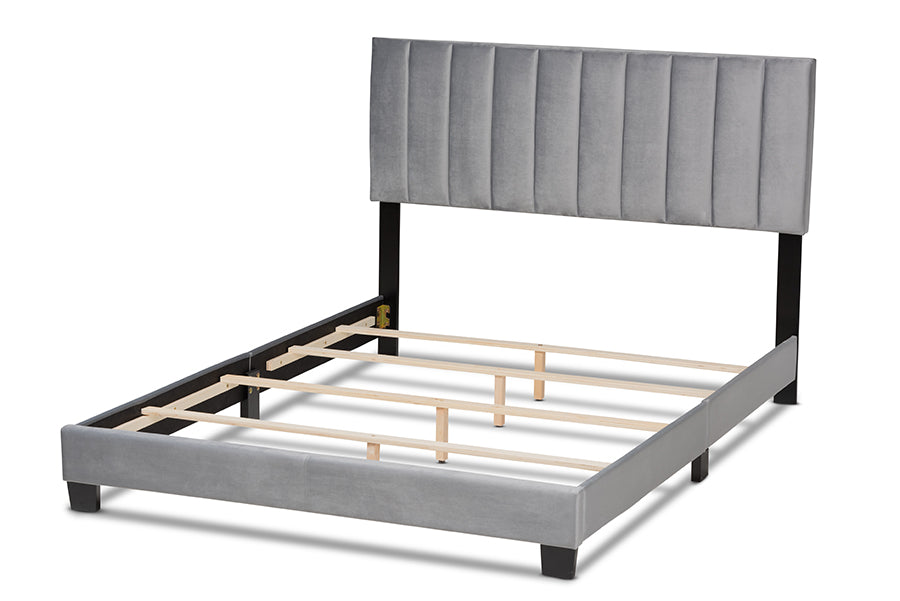 Baxton Studio Clare Glam and Luxe Grey Velvet Fabric Upholstered Full Size Panel Bed with Channel Tufted Headboard