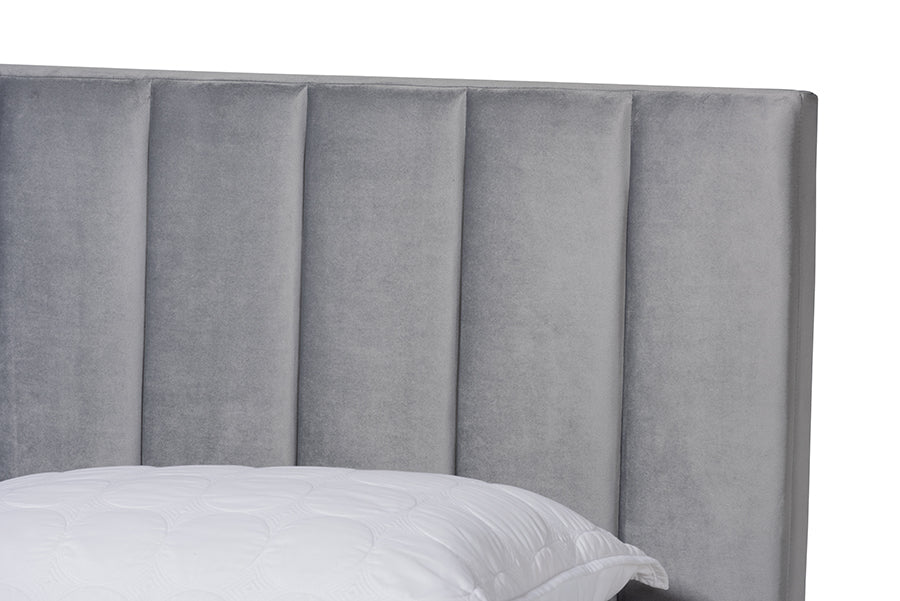 Baxton Studio Clare Glam and Luxe Grey Velvet Fabric Upholstered Queen Size Panel Bed with Channel Tufted Headboard