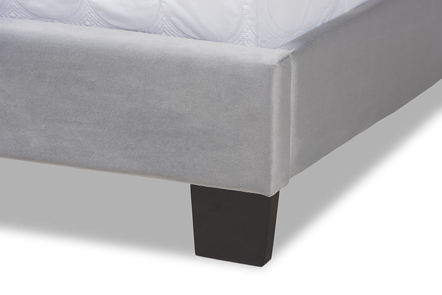Baxton Studio Clare Glam and Luxe Grey Velvet Fabric Upholstered Queen Size Panel Bed with Channel Tufted Headboard
