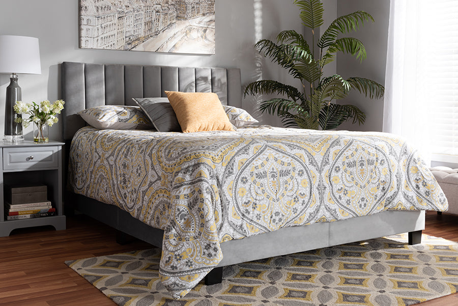 Baxton Studio Clare Glam and Luxe Grey Velvet Fabric Upholstered Queen Size Panel Bed with Channel Tufted Headboard
