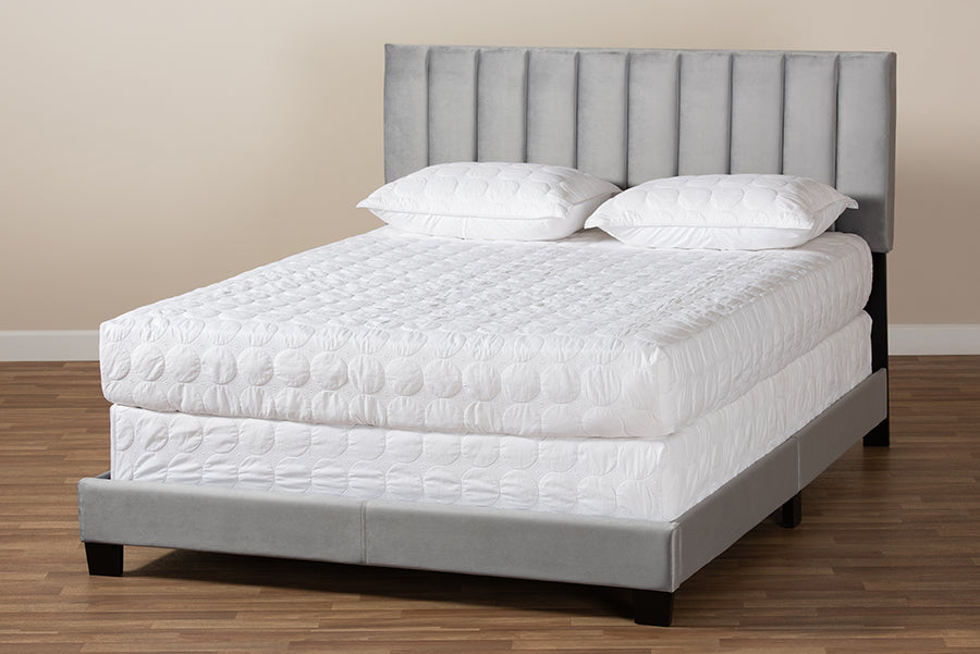 Baxton Studio Clare Glam and Luxe Grey Velvet Fabric Upholstered Full Size Panel Bed with Channel Tufted Headboard