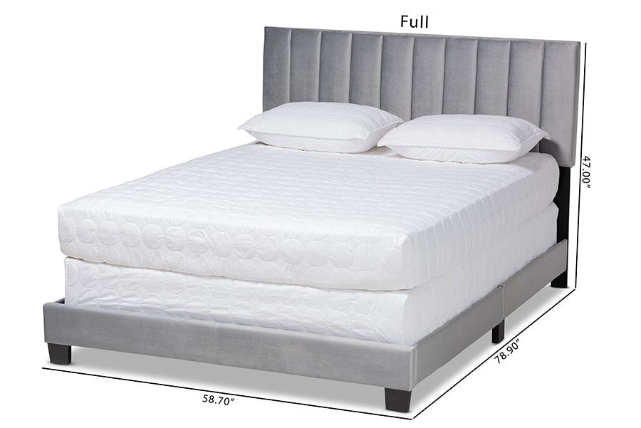 Baxton Studio Clare Glam and Luxe Grey Velvet Fabric Upholstered Queen Size Panel Bed with Channel Tufted Headboard