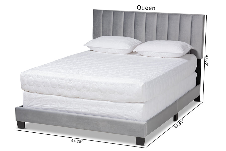 Baxton Studio Clare Glam and Luxe Grey Velvet Fabric Upholstered Queen Size Panel Bed with Channel Tufted Headboard