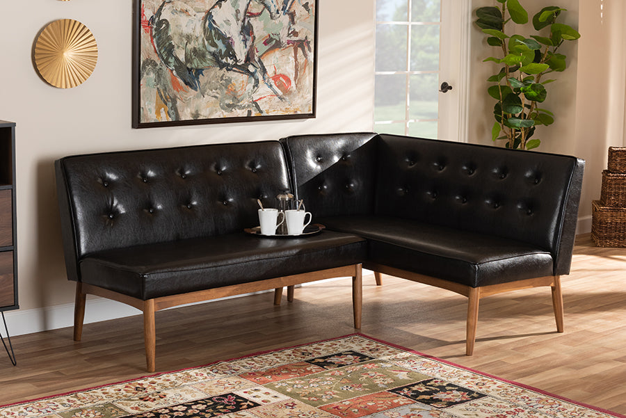 Baxton Studio Arvid Mid-Century Modern Dark Brown Faux Leather Upholstered 2-Piece Wood Dining Nook Banquette Set