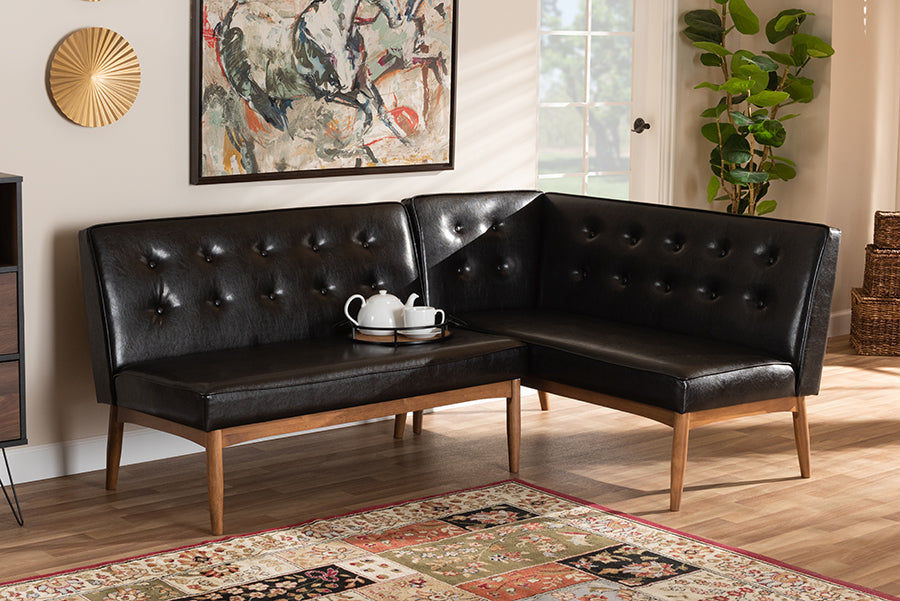 Baxton Studio Arvid Mid-Century Modern Dark Brown Faux Leather Upholstered 2-Piece Wood Dining Nook Banquette Set