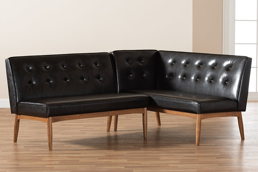 Baxton Studio Arvid Mid-Century Modern Dark Brown Faux Leather Upholstered 2-Piece Wood Dining Nook Banquette Set