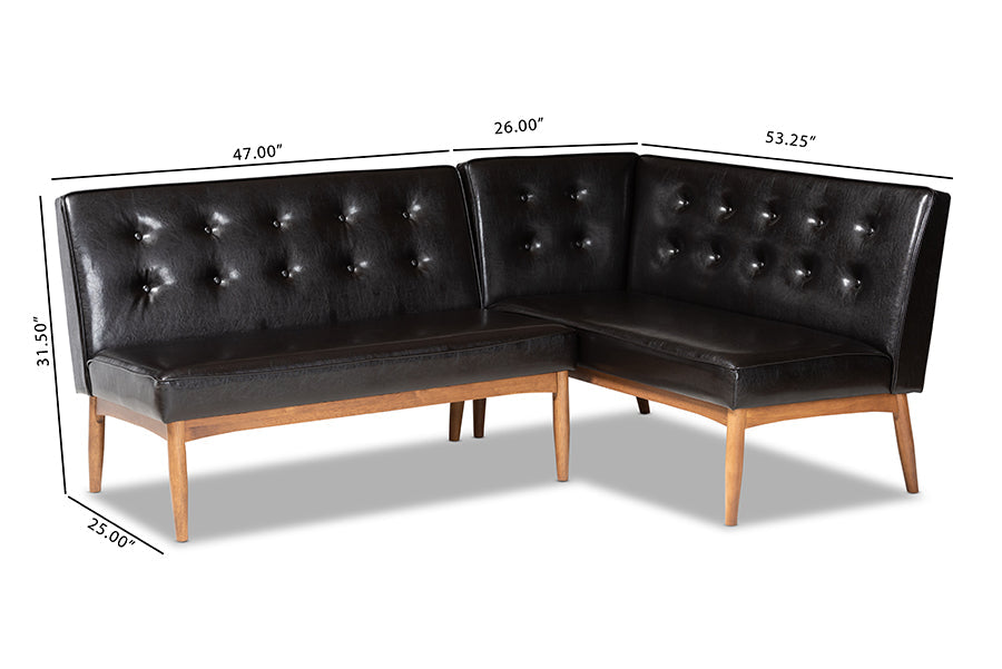 Baxton Studio Arvid Mid-Century Modern Dark Brown Faux Leather Upholstered 2-Piece Wood Dining Nook Banquette Set