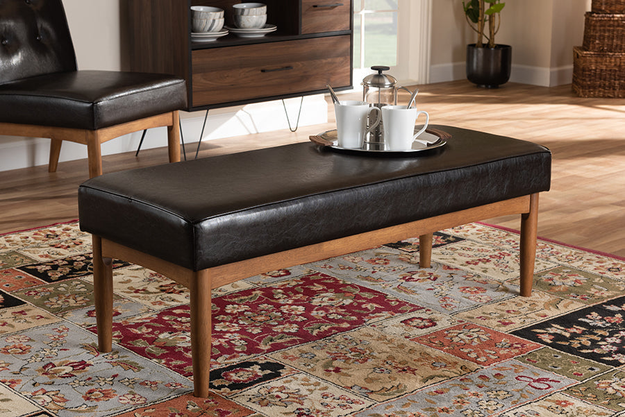 Baxton Studio Arvid Mid-Century Modern Dark Brown Faux Leather Upholstered Wood Dining Bench