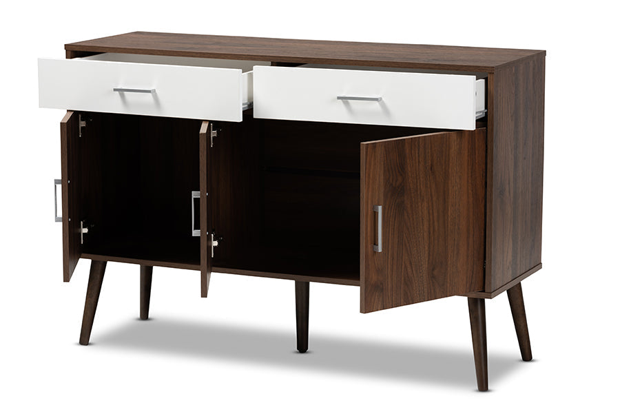 Baxton Studio Leena Mid-Century Modern Two-Tone White and Walnut Brown Finished Wood 2-Drawer Sideboard Buffet