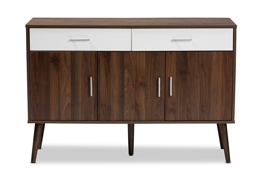 Baxton Studio Leena Mid-Century Modern Two-Tone White and Walnut Brown Finished Wood 2-Drawer Sideboard Buffet