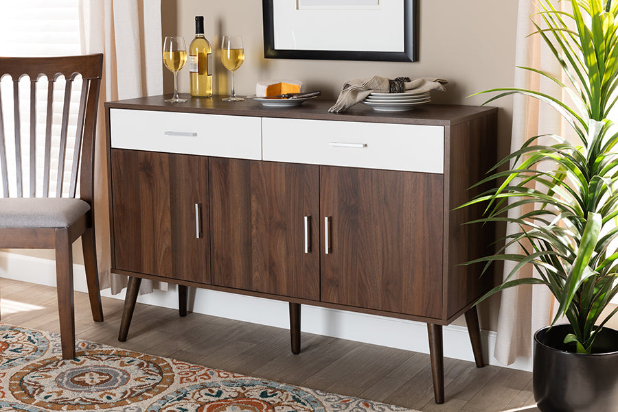 Baxton Studio Leena Mid-Century Modern Two-Tone White and Walnut Brown Finished Wood 2-Drawer Sideboard Buffet