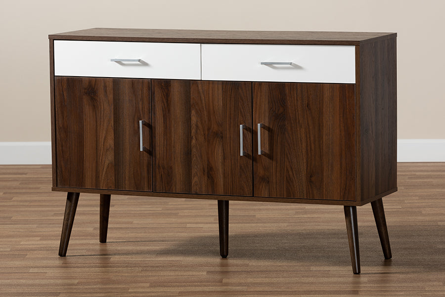 Baxton Studio Leena Mid-Century Modern Two-Tone White and Walnut Brown Finished Wood 2-Drawer Sideboard Buffet