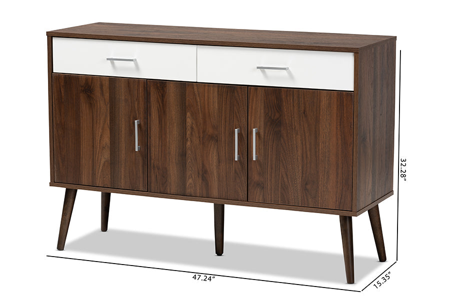 Baxton Studio Leena Mid-Century Modern Two-Tone White and Walnut Brown Finished Wood 2-Drawer Sideboard Buffet