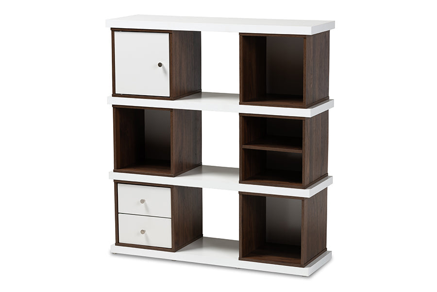 Baxton Studio Rune Modern and Contemporary Two-Tone White and Walnut Brown Finished 2-Drawer Bookcase