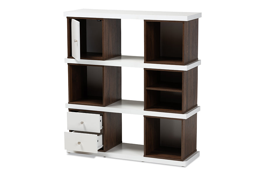 Baxton Studio Rune Modern and Contemporary Two-Tone White and Walnut Brown Finished 2-Drawer Bookcase