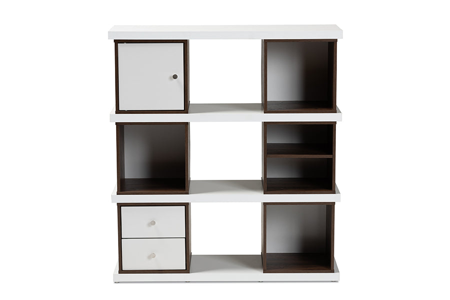 Baxton Studio Rune Modern and Contemporary Two-Tone White and Walnut Brown Finished 2-Drawer Bookcase