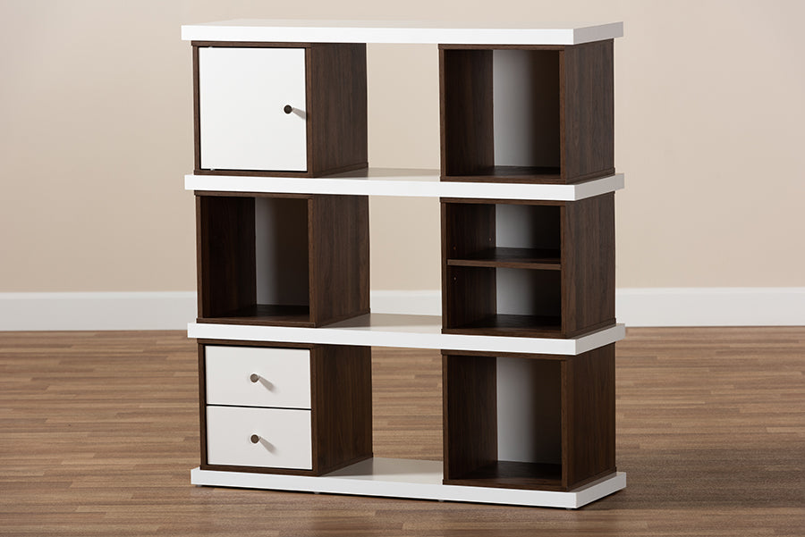 Baxton Studio Rune Modern and Contemporary Two-Tone White and Walnut Brown Finished 2-Drawer Bookcase
