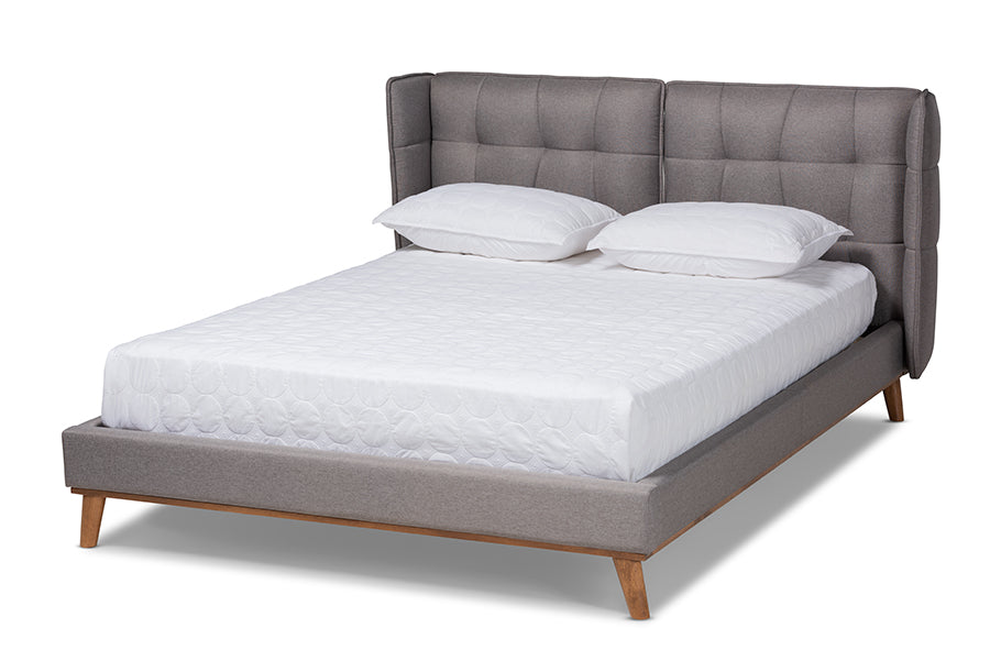 Baxton Studio Gretchen Modern and Contemporary Grey Fabric Upholstered and Walnut Brown Finished Wood Queen Size Platform Wingback Bed