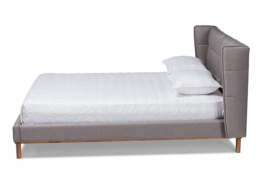 Baxton Studio Gretchen Modern and Contemporary Grey Fabric Upholstered and Walnut Brown Finished Wood Queen Size Platform Wingback Bed