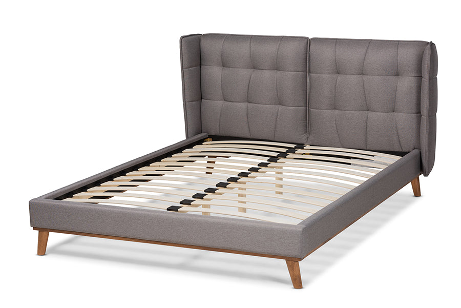 Baxton Studio Gretchen Modern and Contemporary Grey Fabric Upholstered and Walnut Brown Finished Wood King Size Platform Wingback Bed