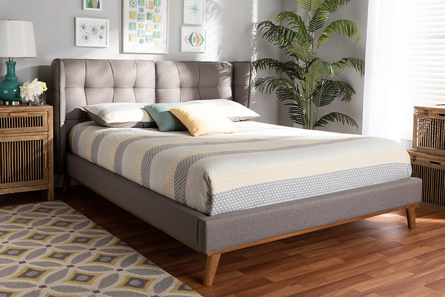 Baxton Studio Gretchen Modern and Contemporary Grey Fabric Upholstered and Walnut Brown Finished Wood King Size Platform Wingback Bed
