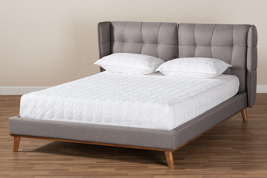 Baxton Studio Gretchen Modern and Contemporary Grey Fabric Upholstered and Walnut Brown Finished Wood King Size Platform Wingback Bed