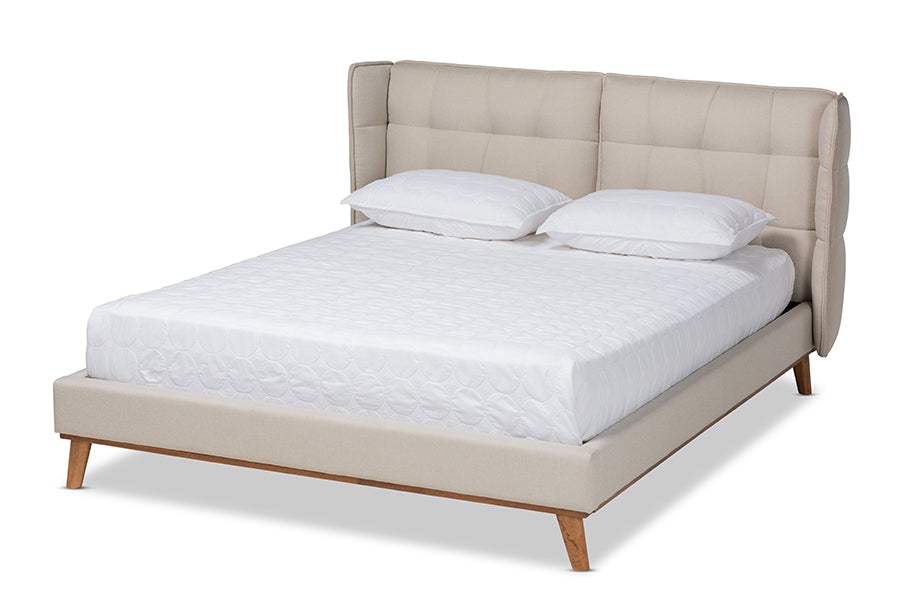 Baxton Studio Gretchen Modern and Contemporary Light Beige Fabric Upholstered and Walnut Brown Finished Wood King Size Platform Wingback Bed