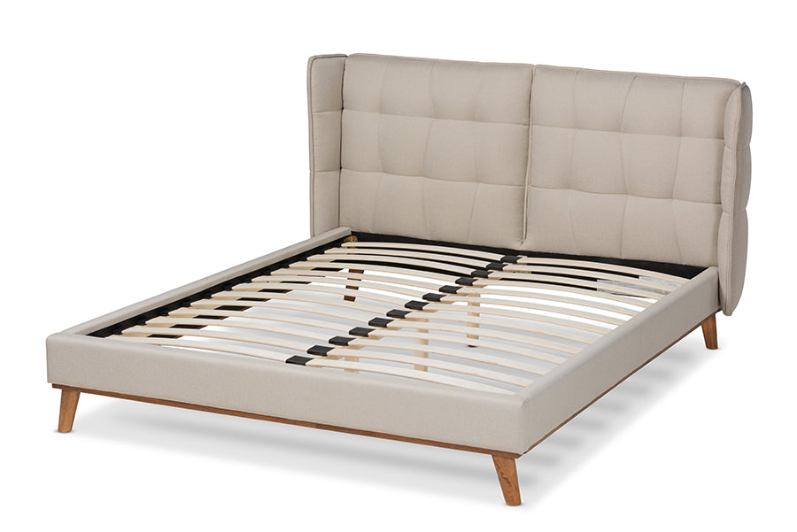 Baxton Studio Gretchen Modern and Contemporary Light Beige Fabric Upholstered and Walnut Brown Finished Wood King Size Platform Wingback Bed