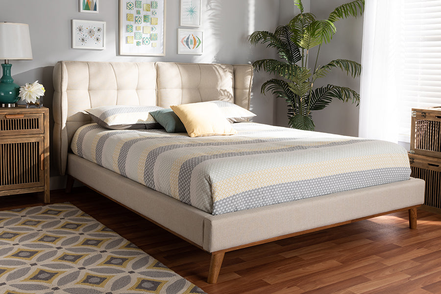 Baxton Studio Gretchen Modern and Contemporary Light Beige Fabric Upholstered and Walnut Brown Finished Wood King Size Platform Wingback Bed