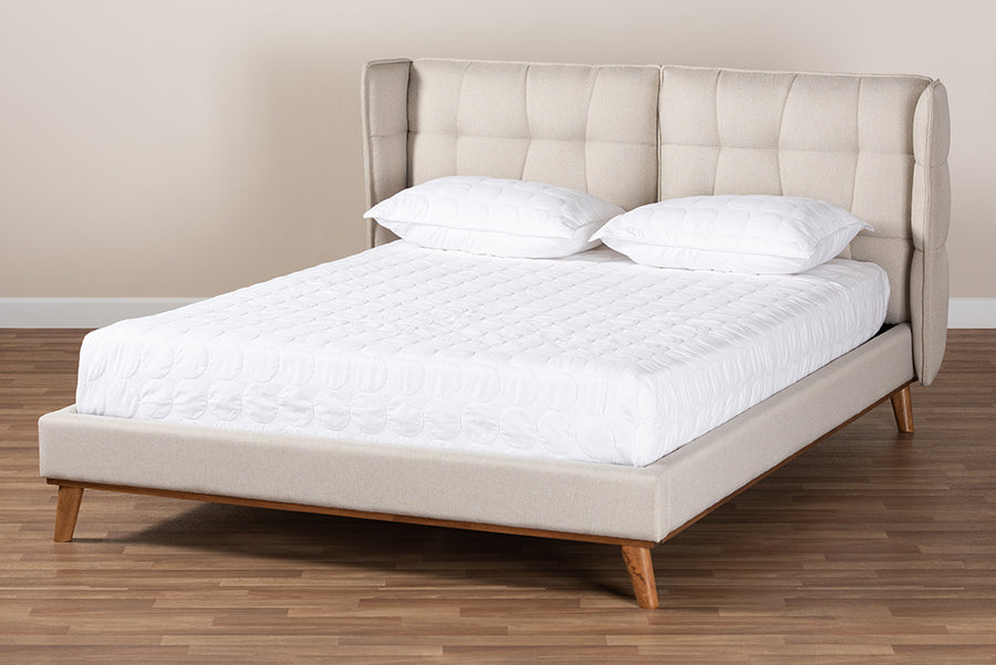 Baxton Studio Gretchen Modern and Contemporary Light Beige Fabric Upholstered and Walnut Brown Finished Wood Queen Size Platform Wingback Bed