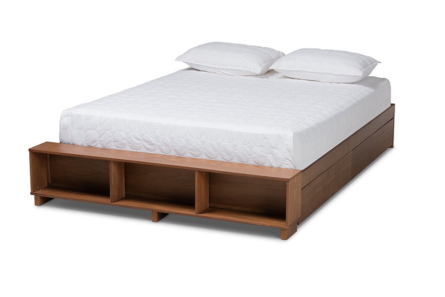 Baxton Studio Arthur Modern Rustic Ash Walnut Brown Finished Wood Queen Size Platform Bed with Built-In Shelves