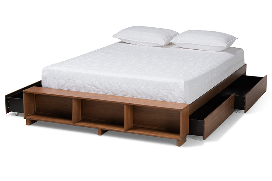 Baxton Studio Arthur Modern Rustic Ash Walnut Brown Finished Wood Queen Size Platform Bed with Built-In Shelves