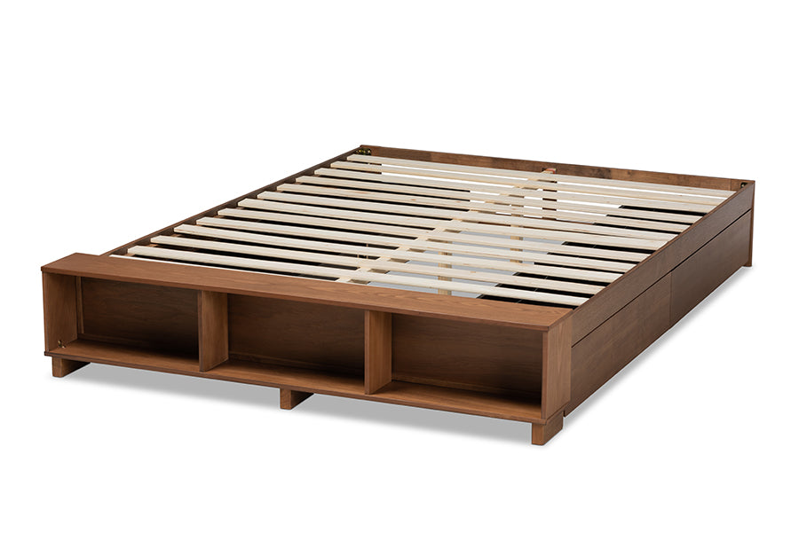 Baxton Studio Arthur Modern Rustic Ash Walnut Brown Finished Wood Queen Size Platform Bed with Built-In Shelves