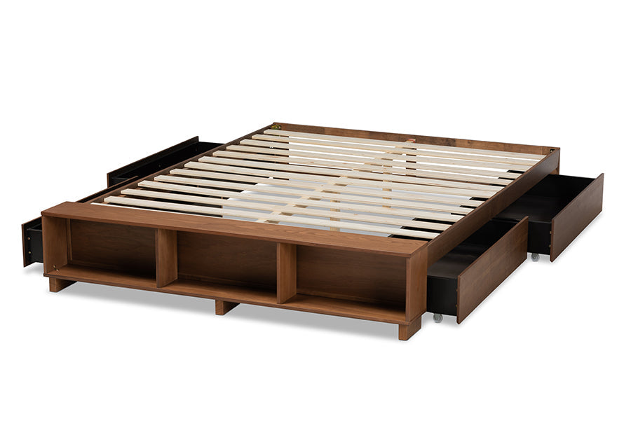 Baxton Studio Arthur Modern Rustic Ash Walnut Brown Finished Wood Queen Size Platform Bed with Built-In Shelves
