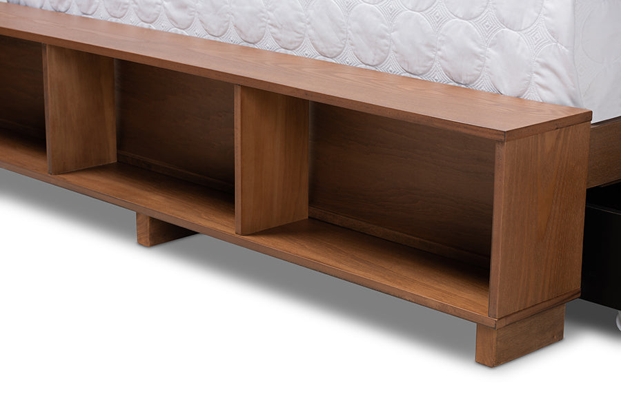 Baxton Studio Arthur Modern Rustic Ash Walnut Brown Finished Wood Queen Size Platform Bed with Built-In Shelves