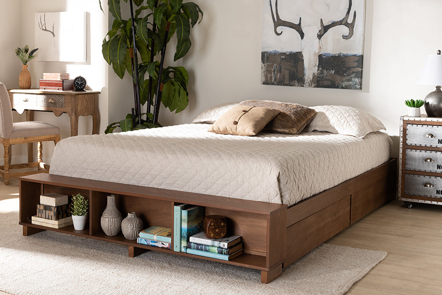 Baxton Studio Arthur Modern Rustic Ash Walnut Brown Finished Wood Queen Size Platform Bed with Built-In Shelves