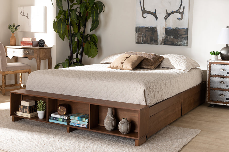 Baxton Studio Arthur Modern Rustic Ash Walnut Brown Finished Wood Queen Size Platform Bed with Built-In Shelves