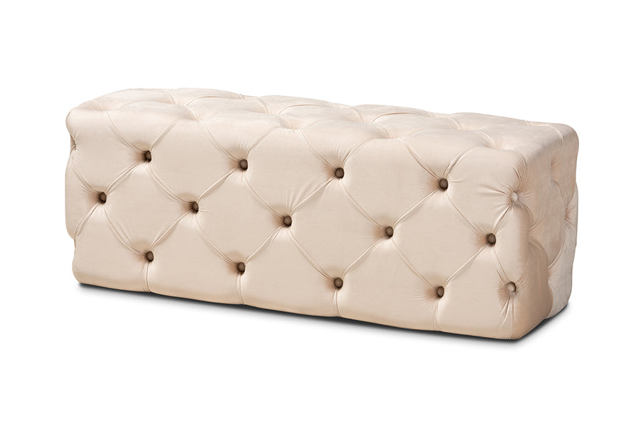 Baxton Studio Jasmine Modern Contemporary Glam and Luxe Beige Velvet Fabric Upholstered Button Tufted Bench Ottoman